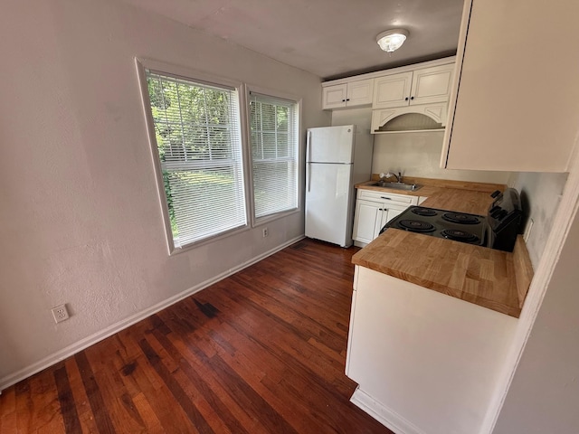418 W 3rd St, Columbia, TN 38401 - kitchen with black / electric stove, freestanding refrigerator, white cabinetry, butcher block counters, and dark wood-type flooring