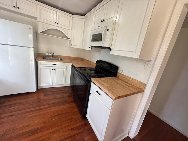 418 W 3rd St, Columbia, TN 38401 - kitchen with white appliances, wooden counters, white cabinetry, and dark wood-style floors