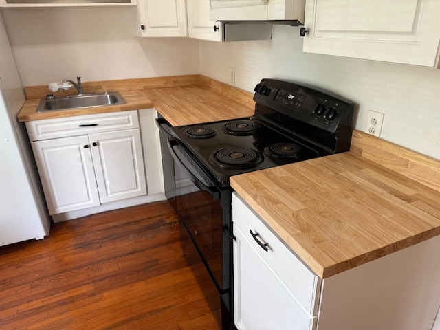 418 W 3rd St, Columbia, TN 38401 - kitchen featuring electric range, wood counters, white cabinets, freestanding refrigerator, and dark wood-type flooring