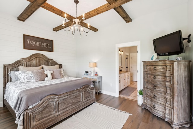2427 Green Valley Rd, Lafayette, TN 37083 - bedroom featuring dark wood-style floors, beam ceiling, wooden walls, and connected bathroom
