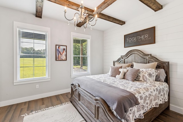 2427 Green Valley Rd, Lafayette, TN 37083 - bedroom featuring a chandelier, wood finished floors, beamed ceiling, and wooden walls