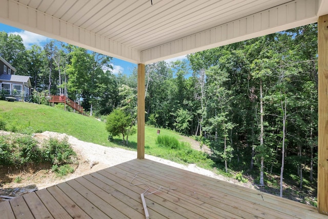 12151 Bull Run, Birchwood, TN 37308 - wooden terrace with a lawn and view of wooded area