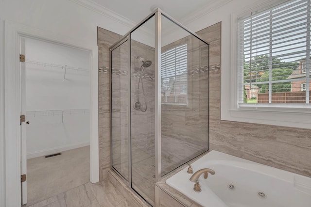 7157 Chessington Dr, Fairview, TN 37062 - full bath featuring a shower stall, a tub with jets, healthy amount of natural light, crown molding, and a spacious closet