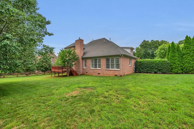 7157 Chessington Dr, Fairview, TN 37062 - back of house featuring crawl space, brick siding, a deck, a chimney, and stairs