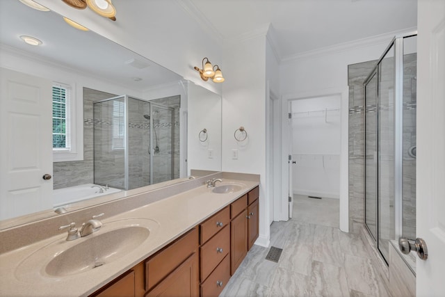 7157 Chessington Dr, Fairview, TN 37062 - bathroom with a shower stall, marble look tiles, double vanity, a bath, and a walk in closet