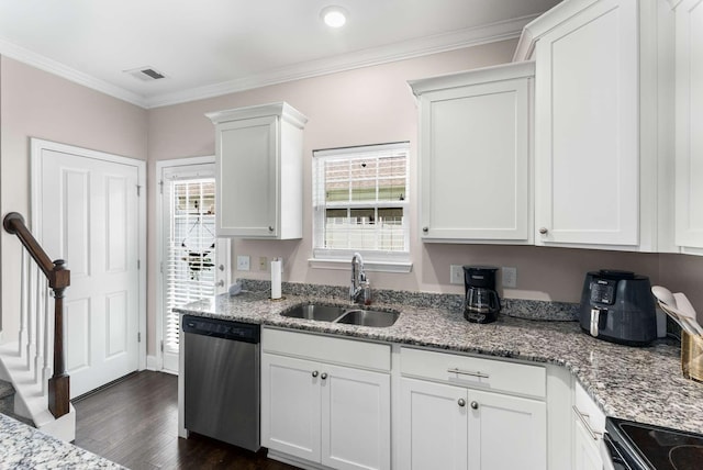 4316 Summercrest Blvd Unit 104, Antioch, TN 37013 - kitchen featuring stainless steel dishwasher, light stone counters, white cabinets, dark wood finished floors, and ornamental molding