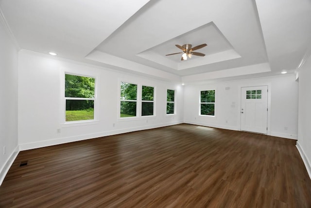 475 Kelly Creek Rd, Ardmore, TN 38449 - unfurnished living room featuring a raised ceiling, plenty of natural light, ceiling fan, and dark wood-style flooring