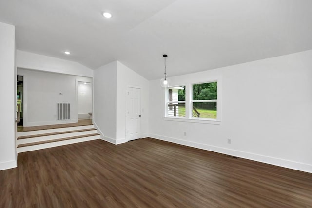 475 Kelly Creek Rd, Ardmore, TN 38449 - unfurnished living room featuring lofted ceiling, dark wood-style flooring, and recessed lighting