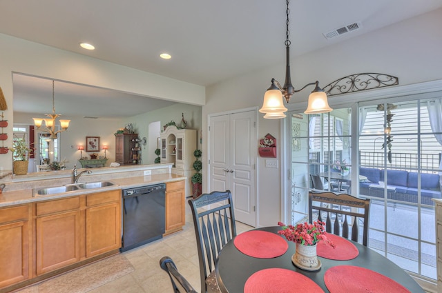 403 Independence St, Mount Juliet, TN 37122 - kitchen with dishwasher, a chandelier, decorative light fixtures, brown cabinetry, and recessed lighting