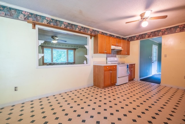 399 Indian Creek Rd, Hohenwald, TN 38462 - kitchen featuring white electric stove, a ceiling fan, under cabinet range hood, brown cabinets, and ornamental molding