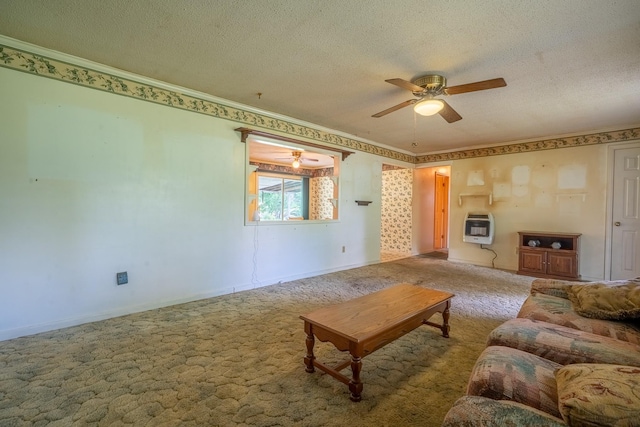 399 Indian Creek Rd, Hohenwald, TN 38462 - living area featuring heating unit, ceiling fan, carpet, crown molding, and a textured ceiling