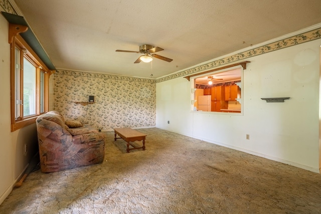 399 Indian Creek Rd, Hohenwald, TN 38462 - unfurnished living room featuring a ceiling fan, crown molding, carpet, and a textured ceiling