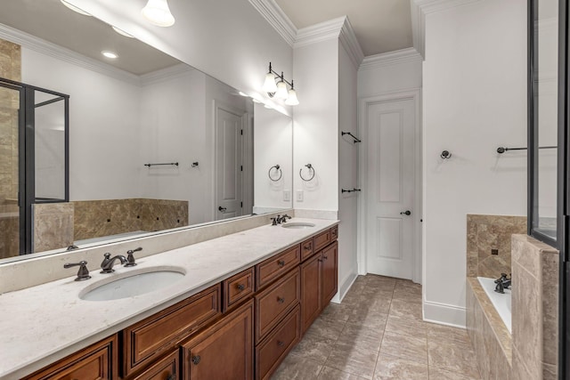 1353 Eliot Rd, Franklin, TN 37064 - full bathroom featuring a garden tub, double vanity, a tile shower, and ornamental molding