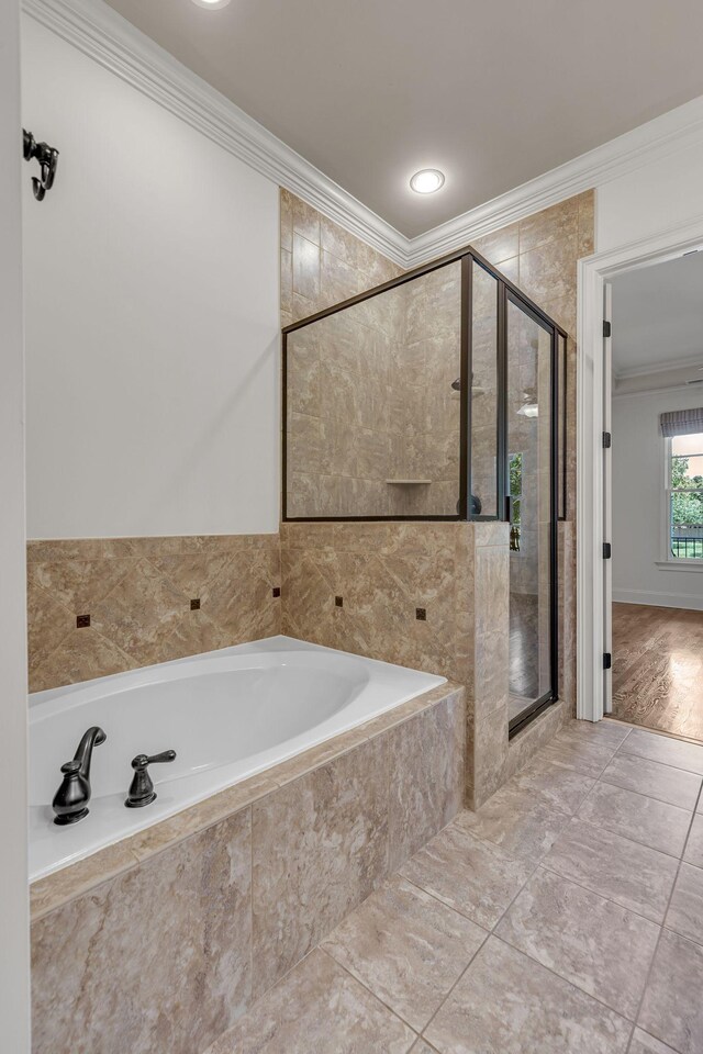 1353 Eliot Rd, Franklin, TN 37064 - full bath with crown molding, a garden tub, a stall shower, and tile patterned floors