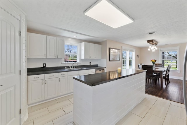 3717 Atkins Rd, Cedar Hill, TN 37032 - kitchen with dark countertops, stainless steel dishwasher, plenty of natural light, a textured ceiling, and a chandelier