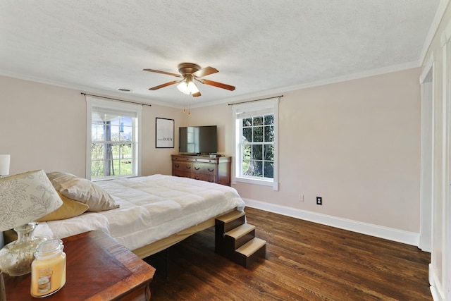 3717 Atkins Rd, Cedar Hill, TN 37032 - bedroom with multiple windows, wood finished floors, crown molding, a textured ceiling, and ceiling fan