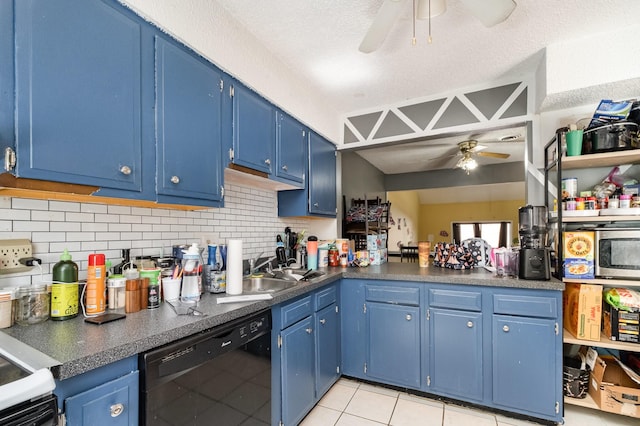 1053 Heritage Dr, Madison, TN 37115 - kitchen featuring dishwasher, a ceiling fan, blue cabinetry, and tasteful backsplash