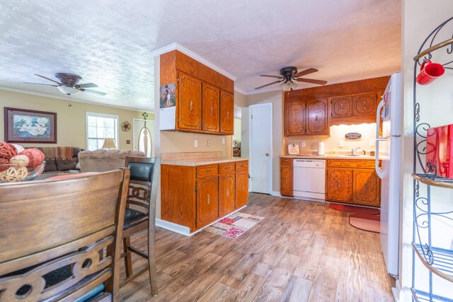 3090 Algee Ln, Milan, TN 38358 - kitchen with a ceiling fan, white appliances, light countertops, brown cabinets, and crown molding