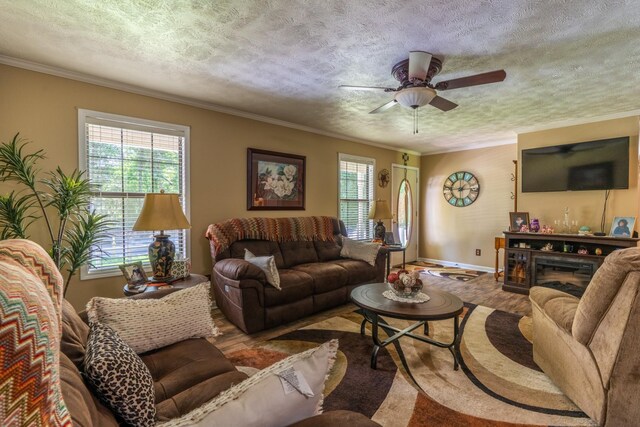 3090 Algee Ln, Milan, TN 38358 - living room with healthy amount of natural light, crown molding, a textured ceiling, wood finished floors, and ceiling fan