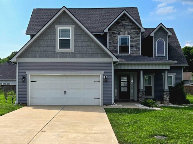 729 Laurel Ln, Murfreesboro, TN 37127 - craftsman inspired home featuring a front lawn, driveway, covered porch, stone siding, and roof with shingles