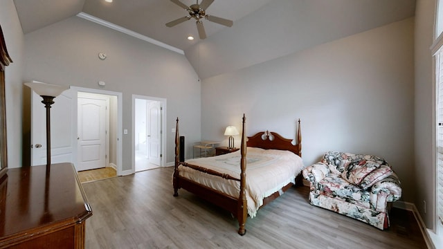 5142 Reagan Dr, Murfreesboro, TN 37129 - bedroom with high vaulted ceiling, wood finished floors, a ceiling fan, and recessed lighting