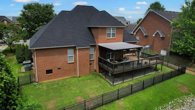 5142 Reagan Dr, Murfreesboro, TN 37129 - rear view of house with a deck, a fenced backyard, brick siding, a shingled roof, and crawl space