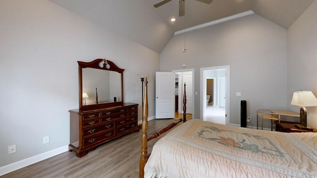 5142 Reagan Dr, Murfreesboro, TN 37129 - bedroom featuring high vaulted ceiling, light wood-style floors, recessed lighting, and a ceiling fan