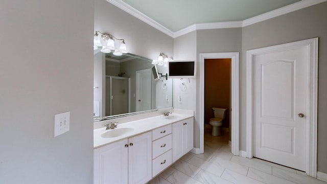 5142 Reagan Dr, Murfreesboro, TN 37129 - bathroom with crown molding, a stall shower, and double vanity