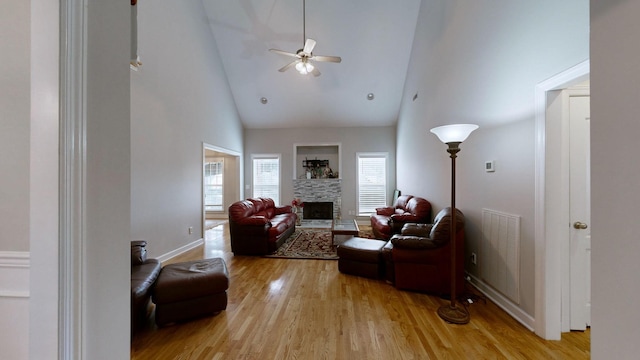 5142 Reagan Dr, Murfreesboro, TN 37129 - living room with high vaulted ceiling, a ceiling fan, a fireplace, and light wood-style floors