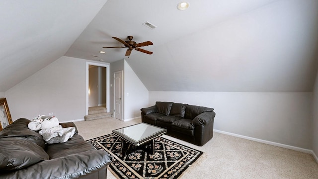 5142 Reagan Dr, Murfreesboro, TN 37129 - living area with lofted ceiling, light carpet, a ceiling fan, and recessed lighting