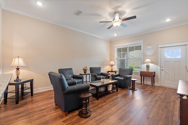 2129 Halfmoon Way, Murfreesboro, TN 37130 - living area featuring a ceiling fan, dark wood-type flooring, crown molding, and recessed lighting