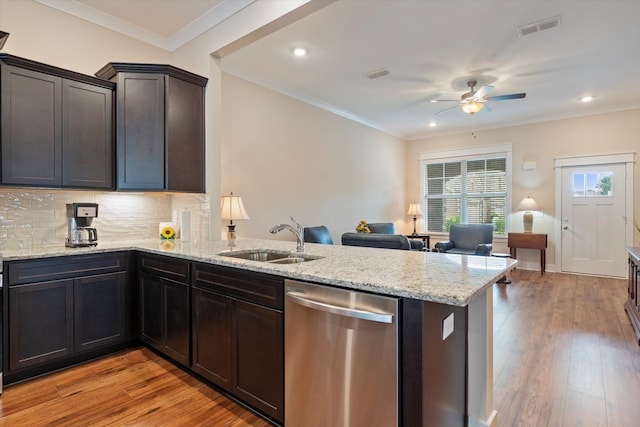 2129 Halfmoon Way, Murfreesboro, TN 37130 - kitchen featuring stainless steel dishwasher, a peninsula, a ceiling fan, open floor plan, and light wood-type flooring