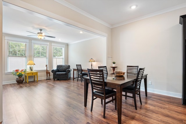2129 Halfmoon Way, Murfreesboro, TN 37130 - dining area with wood finished floors, crown molding, a ceiling fan, and recessed lighting
