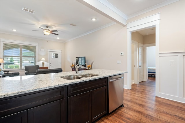 2129 Halfmoon Way, Murfreesboro, TN 37130 - kitchen featuring stainless steel dishwasher, a ceiling fan, wood finished floors, ornamental molding, and light stone countertops