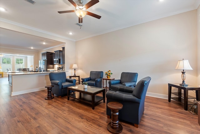 2129 Halfmoon Way, Murfreesboro, TN 37130 - living area with a ceiling fan, dark wood finished floors, ornamental molding, and recessed lighting