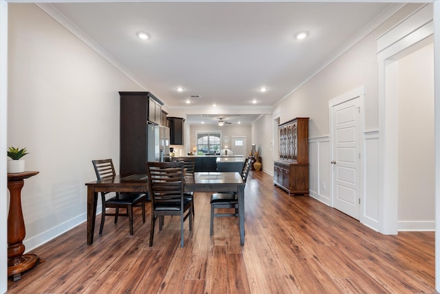 2129 Halfmoon Way, Murfreesboro, TN 37130 - dining space with crown molding, dark wood-type flooring, ceiling fan, and recessed lighting