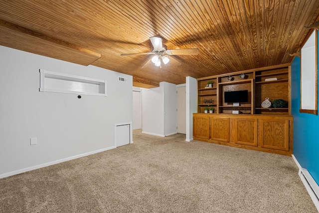 1731 Broadripple Dr, Clarksville, TN 37042 - unfurnished living room with wood ceiling, light colored carpet, a ceiling fan, and a baseboard heating unit