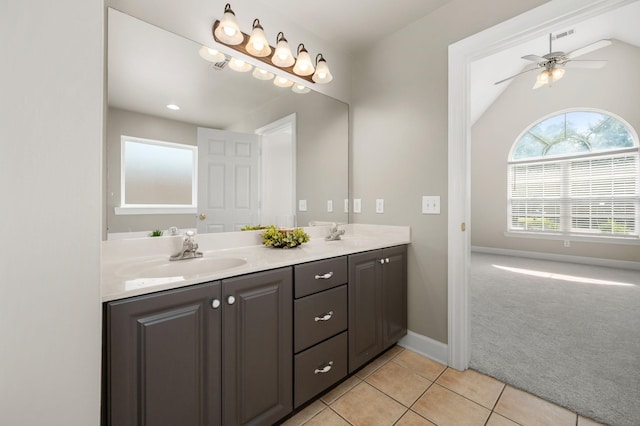5241 Ticonderoga Ave, Murfreesboro, TN 37129 - bathroom with double vanity, tile patterned flooring, ceiling fan, and lofted ceiling