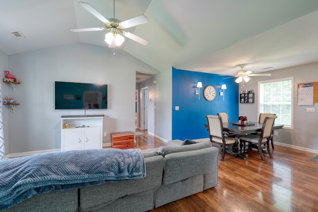 1944 Fieldstone Dr, Columbia, TN 38401 - living area with a ceiling fan, wood finished floors, and vaulted ceiling