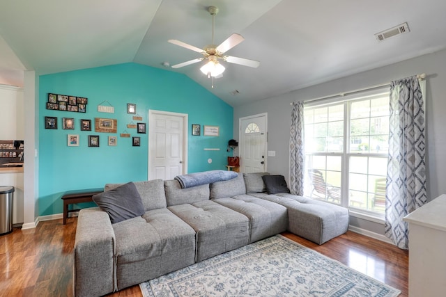 1944 Fieldstone Dr, Columbia, TN 38401 - living area with wood finished floors, ceiling fan, and vaulted ceiling