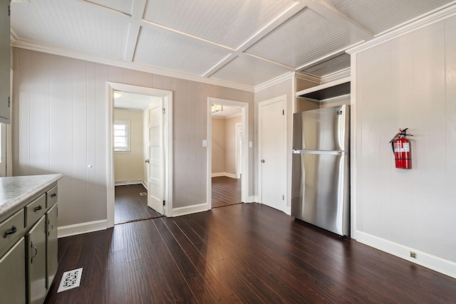 805 N Chancery St, Mcminnville, TN 37110 - kitchen with freestanding refrigerator, dark wood-style flooring, light countertops, coffered ceiling, and crown molding