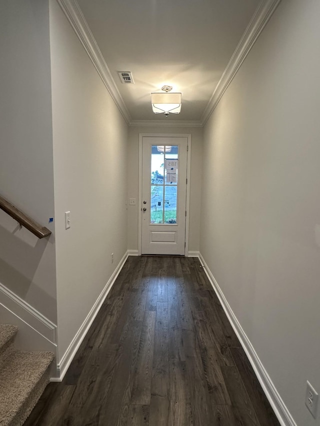 2127 Cheltenham Pl, Columbia, TN 38401 - doorway featuring dark wood finished floors, ornamental molding, and stairway