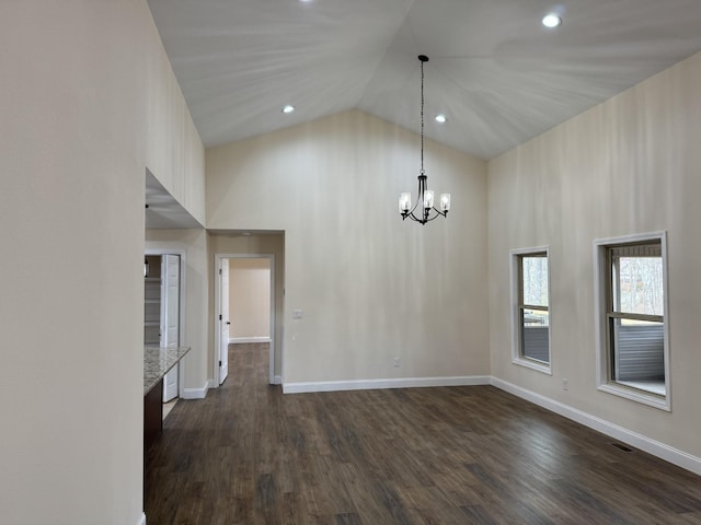 334 Cumberland Cove Rd Unit 5, Monterey, TN 38574 - unfurnished dining area featuring high vaulted ceiling, a chandelier, dark wood finished floors, and recessed lighting