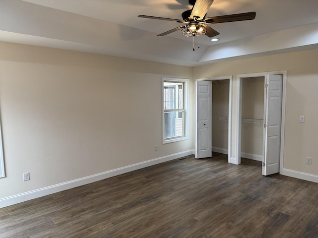 334 Cumberland Cove Rd Unit 5, Monterey, TN 38574 - unfurnished bedroom with multiple closets, dark wood finished floors, and a ceiling fan
