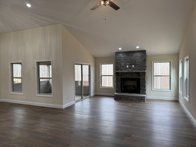 334 Cumberland Cove Rd Unit 5, Monterey, TN 38574 - unfurnished living room featuring plenty of natural light, a ceiling fan, a fireplace, dark wood-style floors, and recessed lighting