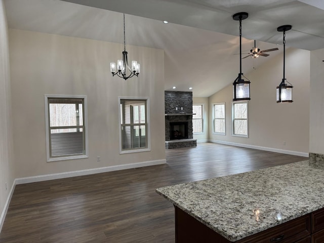 334 Cumberland Cove Rd Unit 5, Monterey, TN 38574 - living room featuring ceiling fan, dark wood finished floors, high vaulted ceiling, a chandelier, and a fireplace
