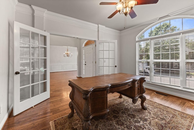 630 Black Horse Pkwy, Franklin, TN 37069 - office area with a ceiling fan, ornamental molding, a chandelier, and wood finished floors