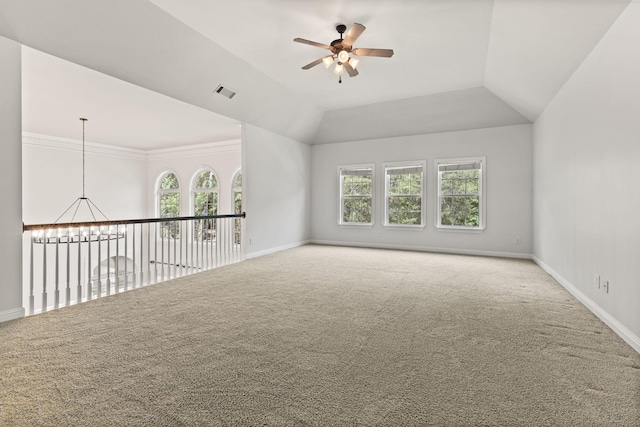 630 Black Horse Pkwy, Franklin, TN 37069 - carpeted empty room with ceiling fan, healthy amount of natural light, a chandelier, and lofted ceiling