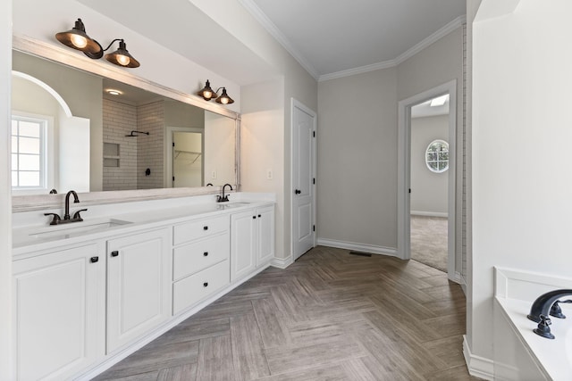 630 Black Horse Pkwy, Franklin, TN 37069 - bathroom featuring healthy amount of natural light, double vanity, crown molding, a bathtub, and tiled shower