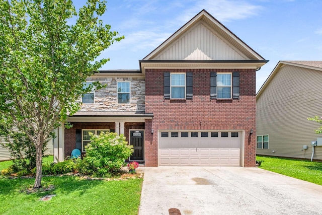3116 Mapleside Ln, Murfreesboro, TN 37128 - view of front of property with board and batten siding, brick siding, concrete driveway, an attached garage, and a front yard
